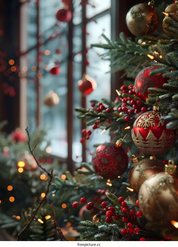 Christmas Tree with Red and Gold Ornaments and Fairy Lights