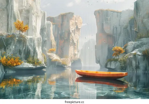 Fantasy Lake Landscape with a Boat