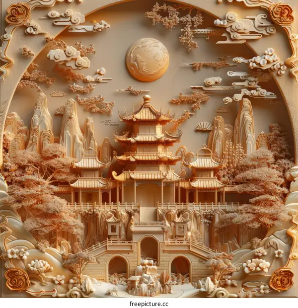 Intricate Chinese Landscape Carving Illustration