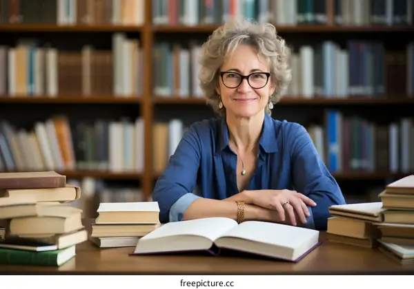 Portrait of a smiling mature woman sitting at a desk in a library