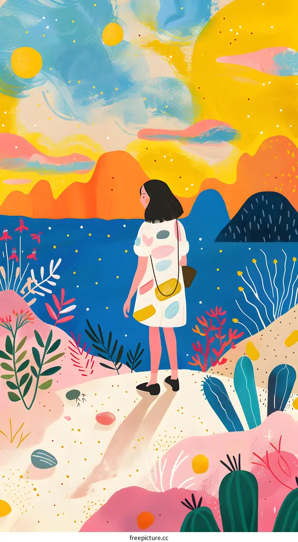 Woman in Dress Looking at Sunset Landscape Illustration