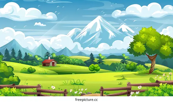 Summer Landscape with Green Hills and Mountains