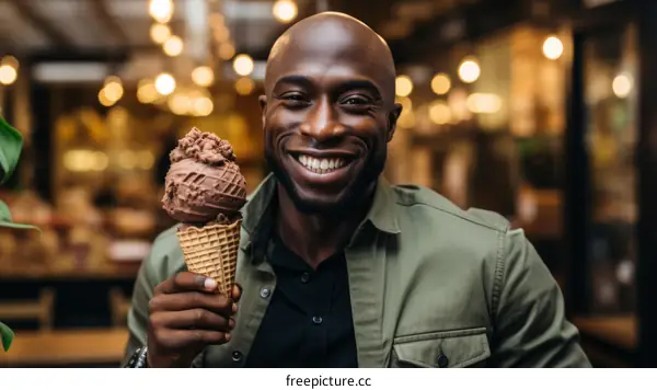 Bald black man smiling while holding an ice cream cone