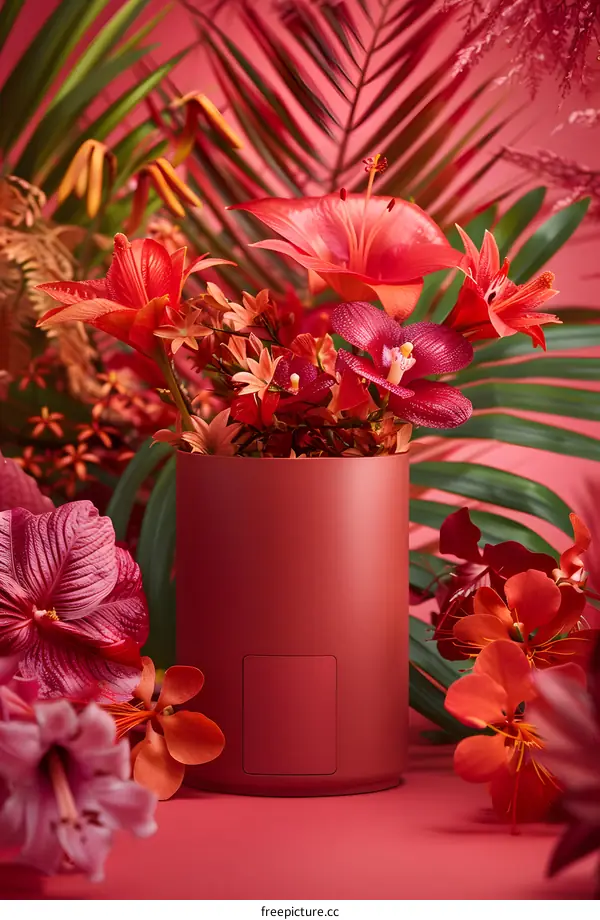 Red Flowers in a Red Vase with Green Leaves