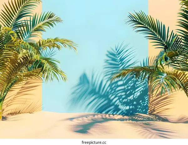 Tropical Palm Tree Leaves and Shadows on Sand Background