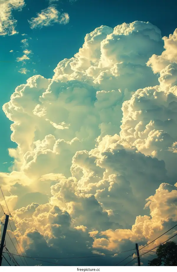 Large white cloudscape with blue sky and powerlines in the foreground