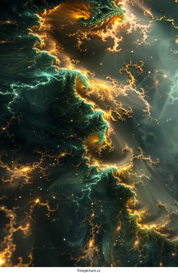 Mystical Green and Gold Glowing Fractal Patterns