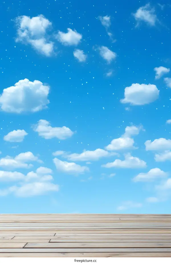 Blue sky with white clouds and wooden floor