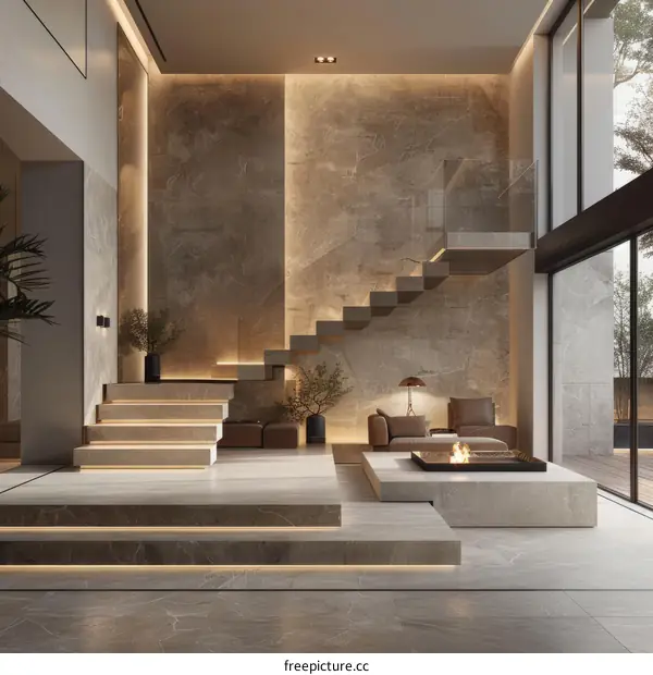 Modern Minimalist Marble Staircase and Living Room Interior