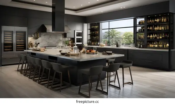 Black Kitchen Design With Island and Bar