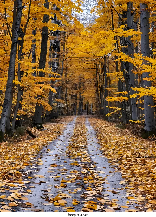 The golden path through the autumn forest