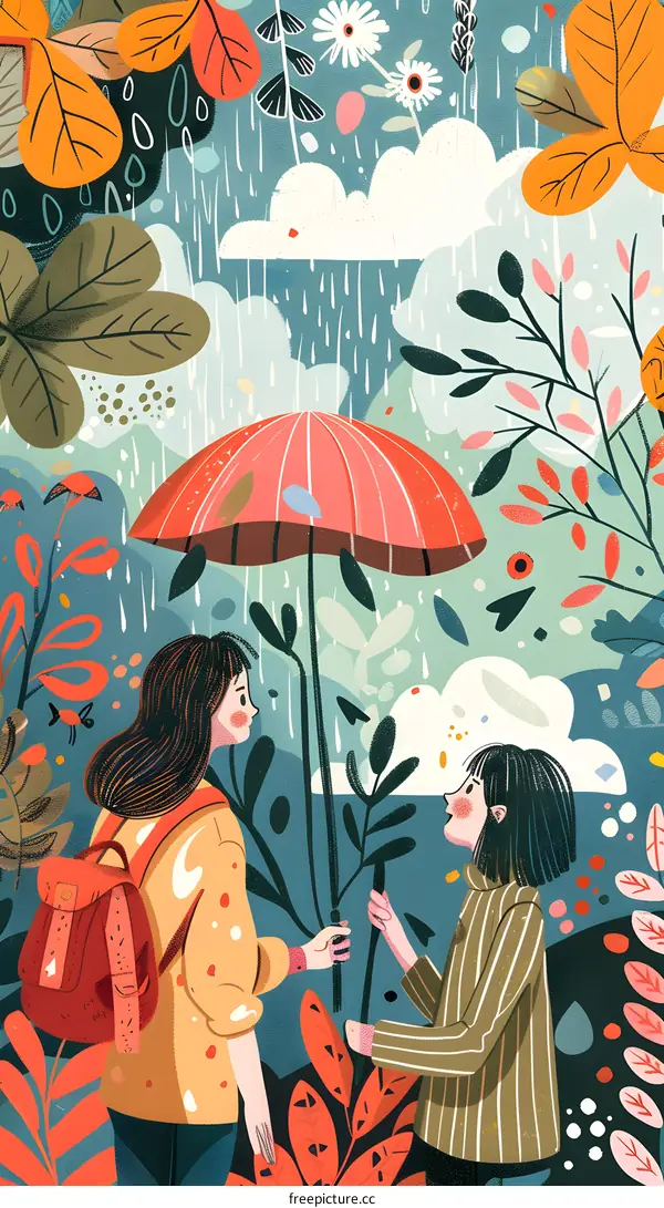Two Girls Under Umbrella in Rainy Forest