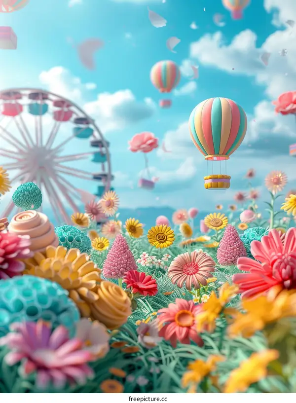 A whimsical digital painting of a colorful field of flowers with a ferris wheel and hot air balloons in the background.