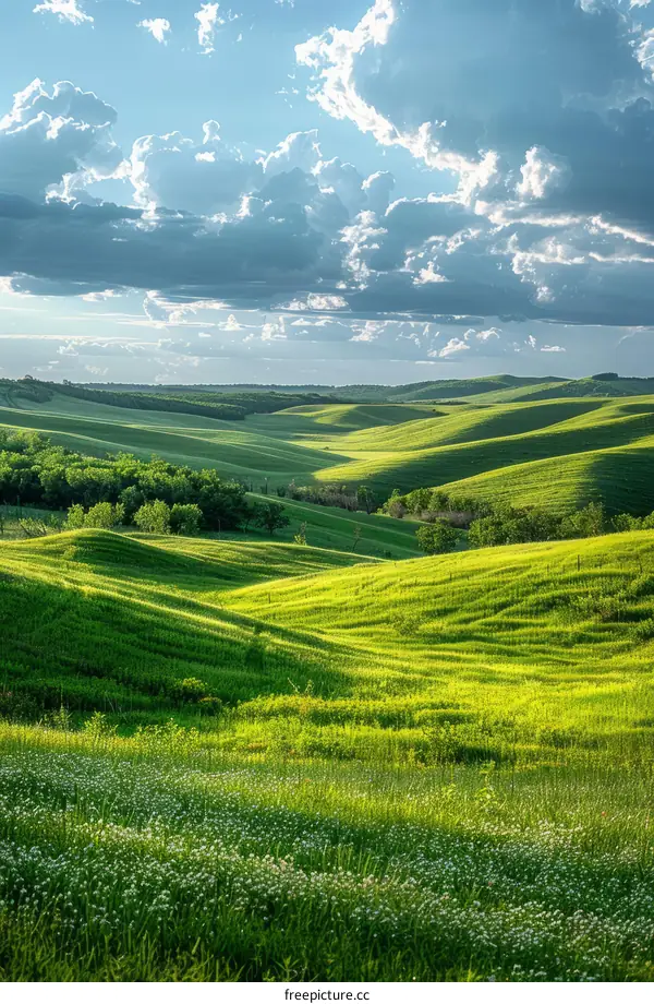 Green rolling hills under a blue sky with white clouds
