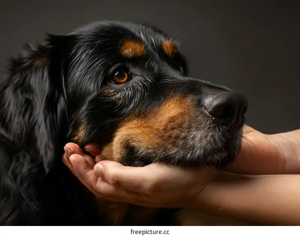 A black dog is getting petted by a human hand