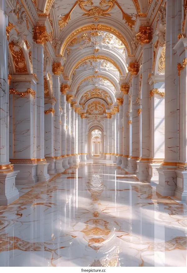 A Long Corridor with White Marble Columns and Gold Accents