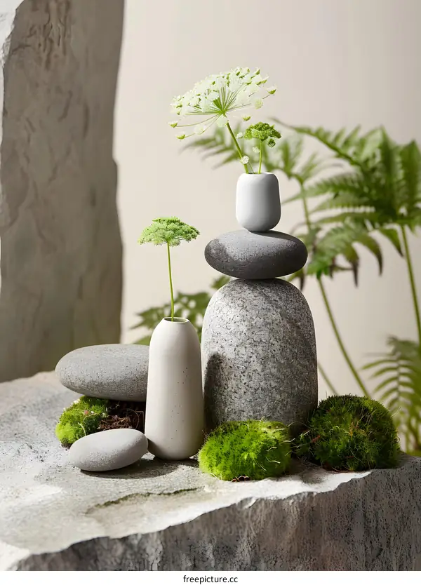 Stone Still Life with Green Flowers in Vases