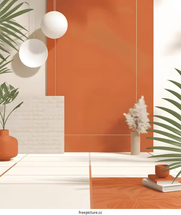 Minimalist Home Decor with Orange Wall and White Tiles