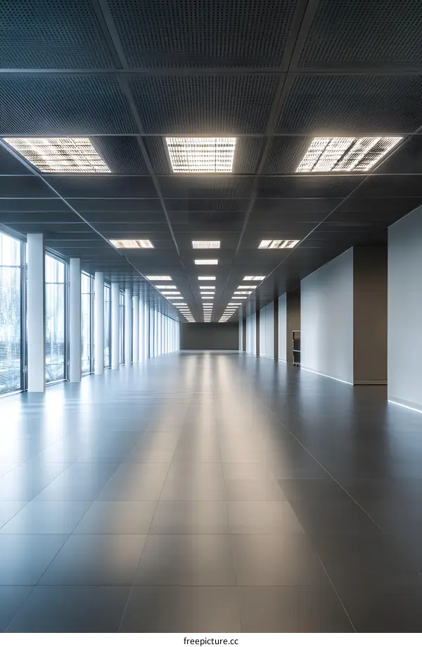 Empty Office Corridor with Windows and Ceiling Lights