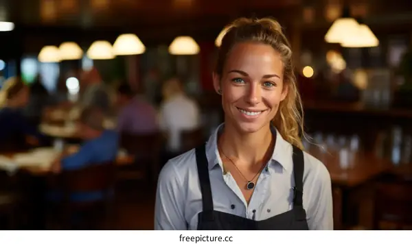 Portrait of a Smiling Waitress in a Busy Restaurant