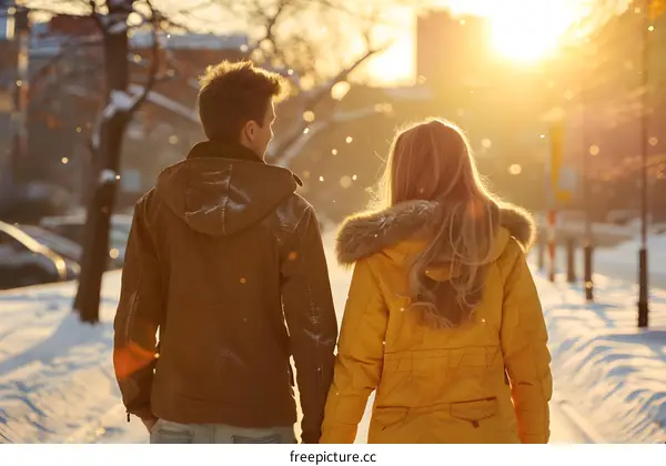 Couple Walking In Snowy Winter Sunset