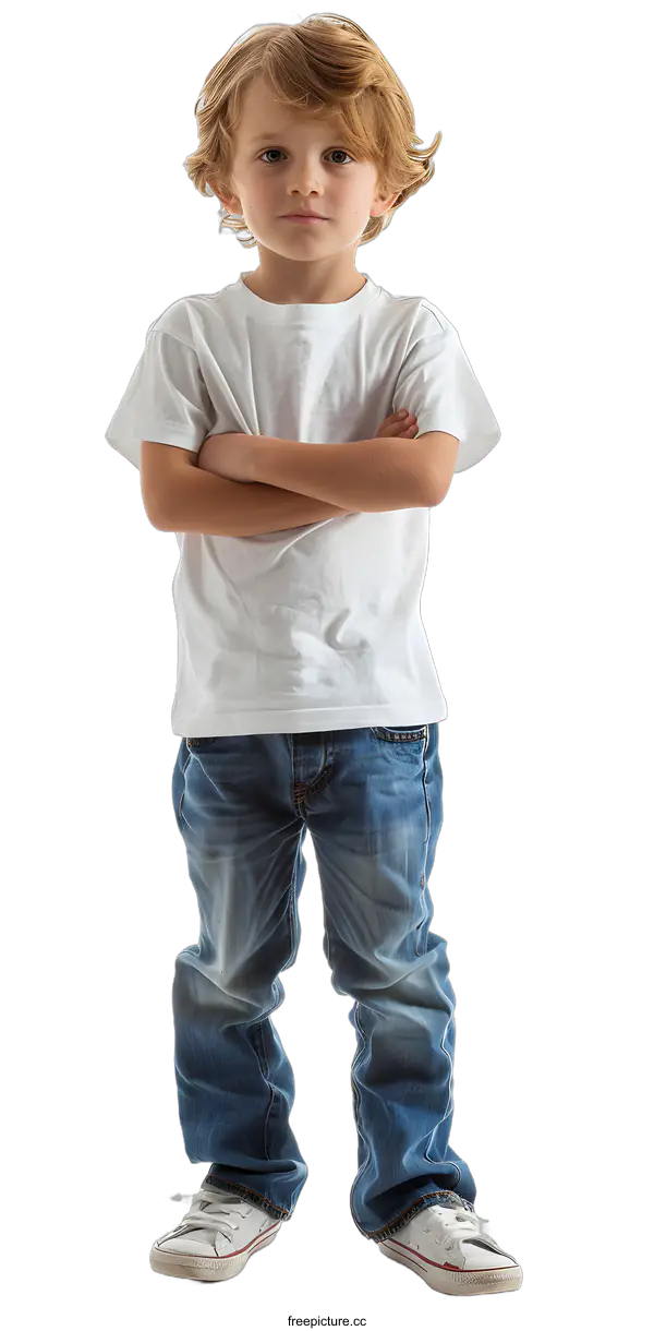 [Transparent Background PNG]Portrait of a boy in a white shirt and blue jeans