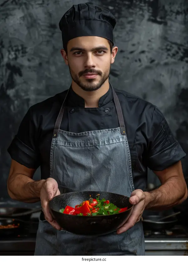 Chef is holding a pan with red and yellow bell peppers and parsley