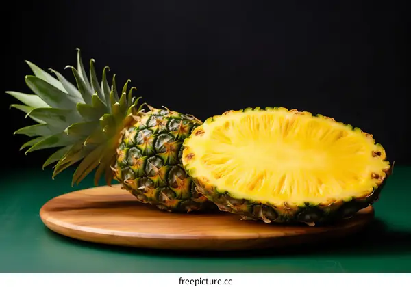 Half a pineapple sits next to a whole pineapple on a wooden table against a dark background