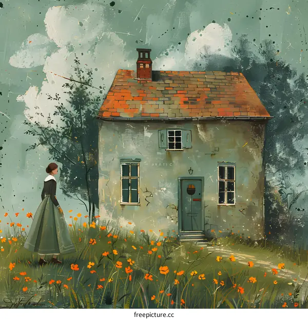 girl standing in front of a small cottage