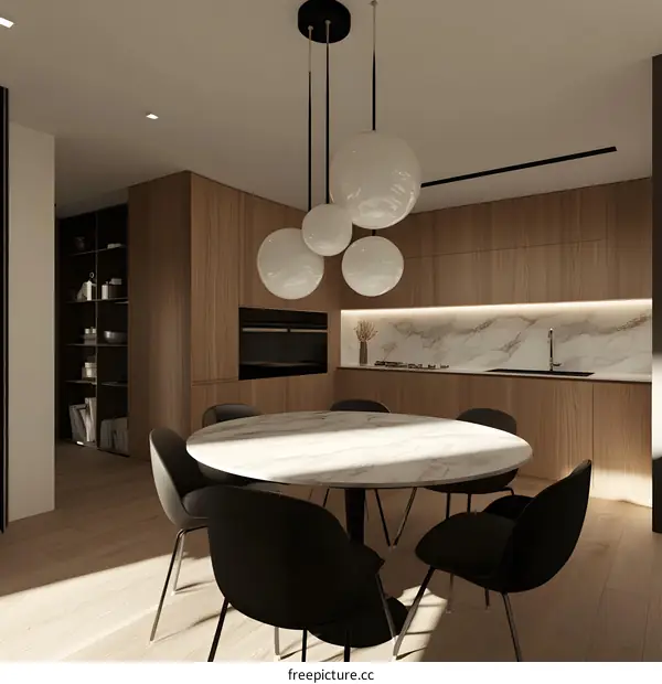Modern Kitchen Interior Design with Round Marble Table and Pendant Lights