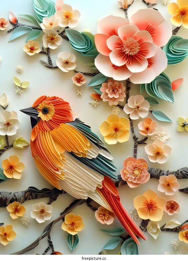 Colorful Bird on a Floral Branch