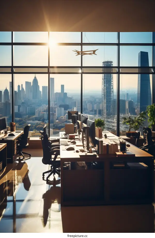 Workstations in a modern office with floor-to-ceiling windows overlooking an urban cityscape