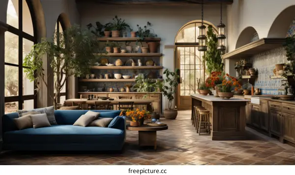 A beautiful Mediterranean style kitchen with a blue sofa