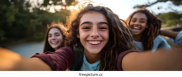 Happy Group of Friends Taking Selfie Outdoors