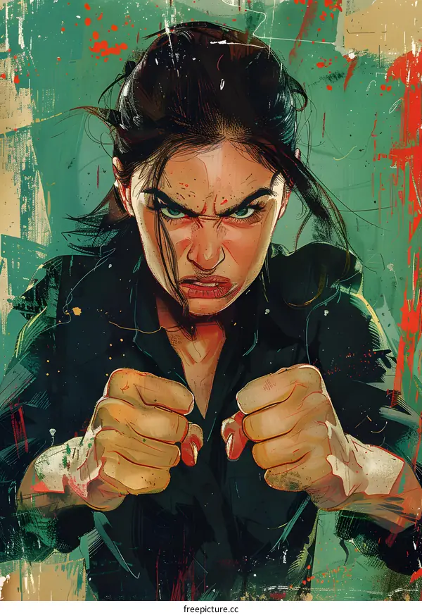 Woman with Angry Expression in a Green and Gold Background