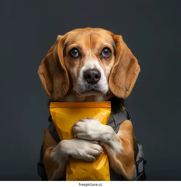 A beagle dog wearing a backpack and holding a yellow bag of food in its paws