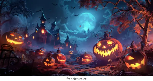 Pumpkin with Trick or Treat Bucket on Porch at Night