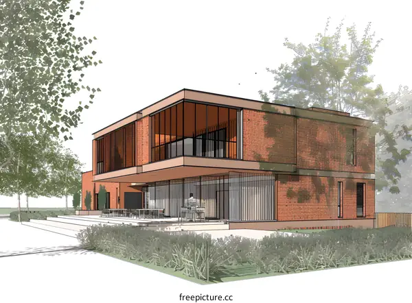 Modern House Design with Brick Facade and Large Windows