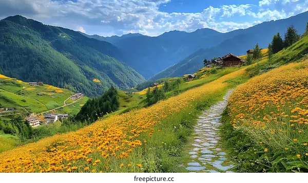 Mountain Valley Flower Field with Village Houses