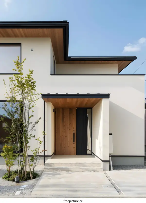 Modern Minimalist House Entrance with Wooden Door
