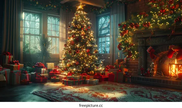 Christmas Tree by the Fireplace in a Cozy Living Room