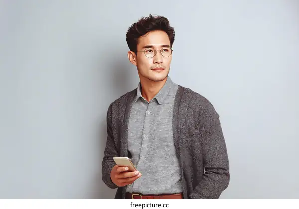 Asian Man Using Smartphone in Casual Outfit