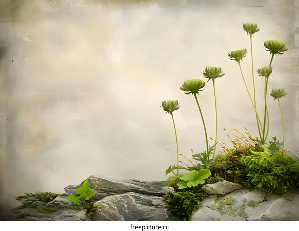 Vintage Floral Background with Green Flowers on Rocks