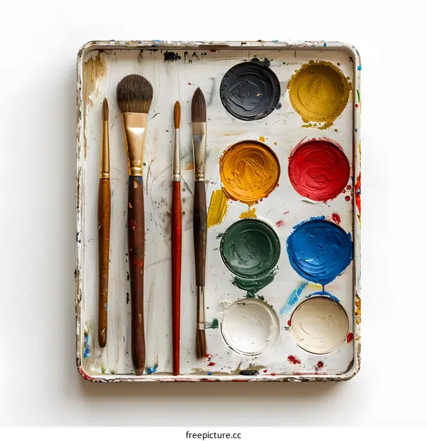 Well used paint brushes and a palette with paint