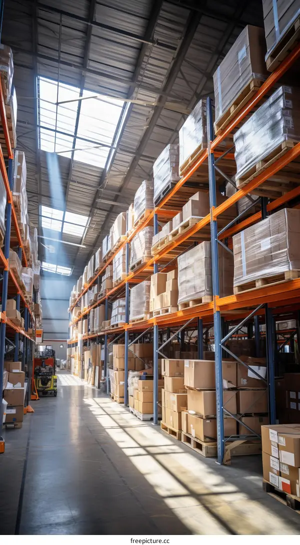 Warehouse with Tall Shelves Filled with Cardboard Boxes