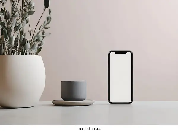Minimalist Mockup Of Smartphone With Coffee Mug And Plant On Table