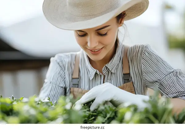 Woman Gardener Working on Fresh Herbs