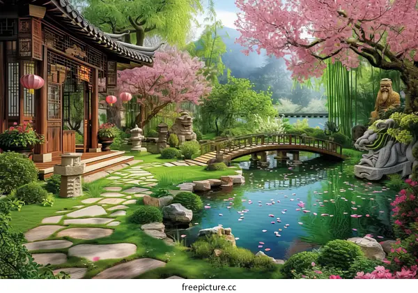 A beautiful Chinese garden with a pond, bridge, and cherry blossom trees