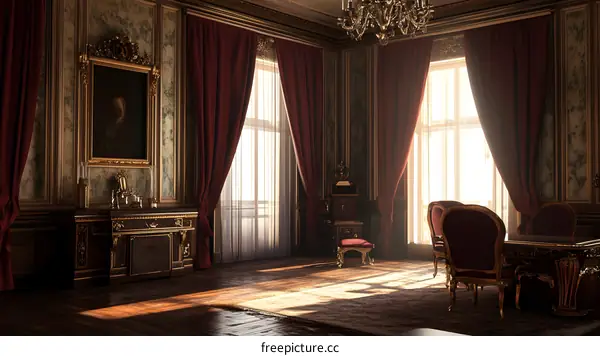 Luxurious Interior Design with Red Curtains and Golden Furniture