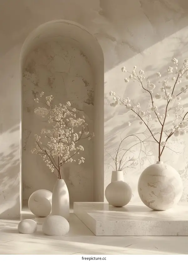 Ceramic Vases with White Flowers in Archways